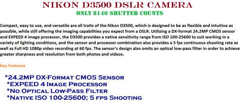 Nikon D3500 DSLR Camera with 18-55mm Lens VR LENS , ONLY 8190 SHUTTER COUNTS, COMING WITH A BAG