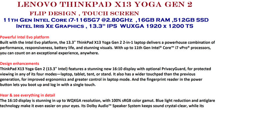 Lenovo ThinkPad X13 Yoga Gen 2  - Flip design - Intel Core i7-1165G7, 16GB RAM - 512GB SSD - 13.3`