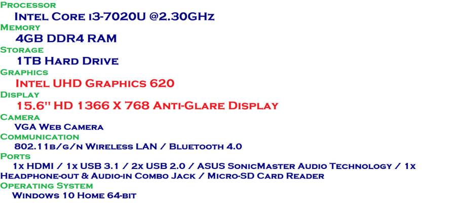 ASUS VivoBook 15 X540UA Intel Core i3-7020U , 4GB RAM, 1TB HDD , 15.6` HD