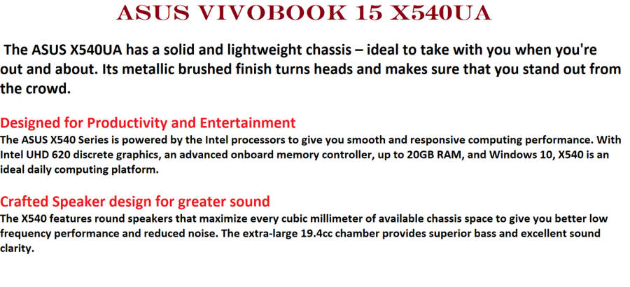 ASUS VivoBook 15 X540UA Intel Core i3-7020U , 4GB RAM, 1TB HDD , 15.6` HD