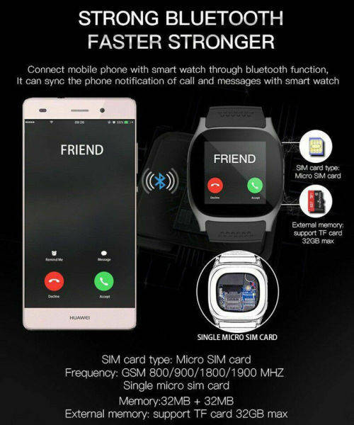 T8 Bluetooth Smart Watch Phone Mate SIM Card Pedometer