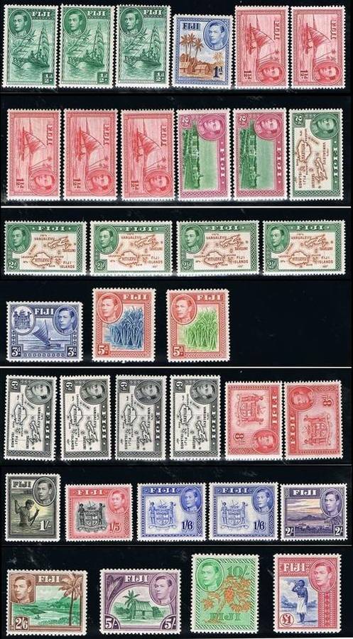 Fiji KGVI 1938-55 complete set of 34 stamps inc all shades and perfs LHM SG Cat R5000+
