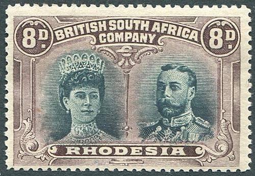 Rhodesia BSAC 1910 Double head 8D Greenish Black and Purple CV R2100 Superb LHM