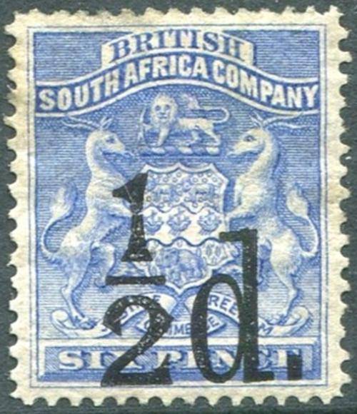 Rhodesia BSAC 1892 1/2D on 6D Ultramarine SACC 14 LHM CV R1600