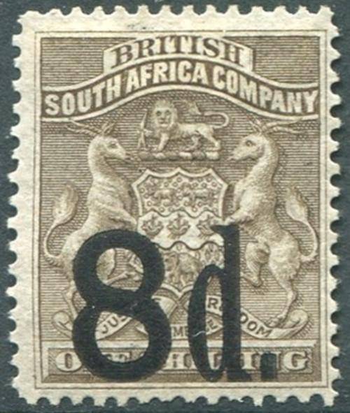 Rhodesia BSAC 1892 8D on 1/ Grey-Brown SACC 17 LHM Superb CV R2500
