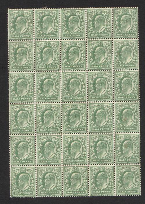 GB KEVII 1902 1/2D Green Superb MNH Block of 30 CV R700+