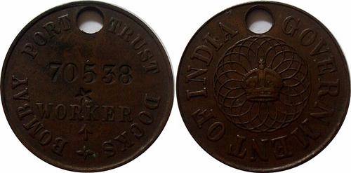 Scarce India Bombay Port Trust Docks workers tag NO:70538