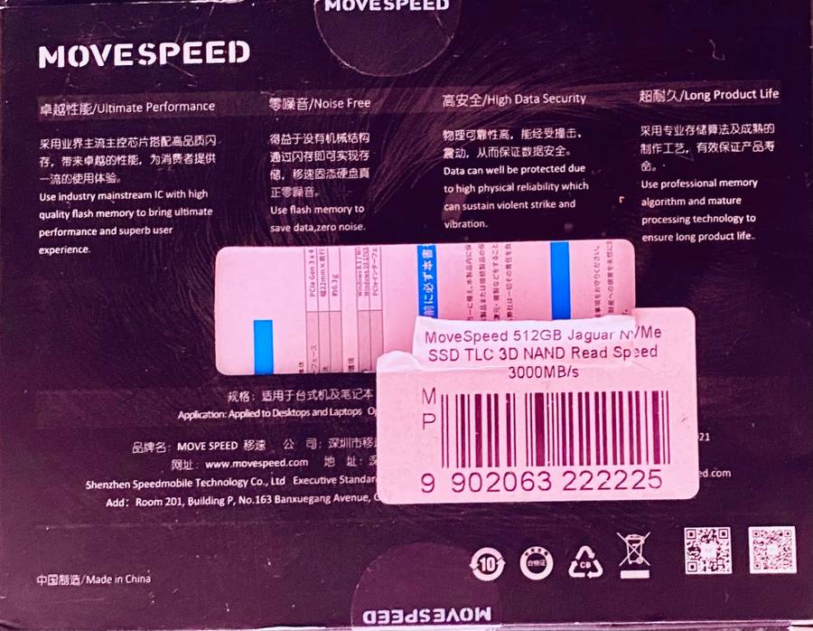 MoveSpeed 512GB Jaguar NVMe SSD TLC 3D NAND Read Speed 3000MB/s