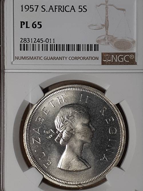 1957 SA UNION SILVER 5 SHILLINGS NGC GRADED PL 65 [POP 3]