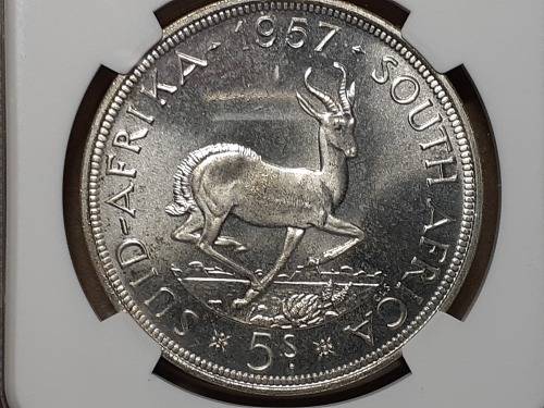 1957 SA UNION SILVER 5 SHILLINGS NGC GRADED PL 65 [POP 3]