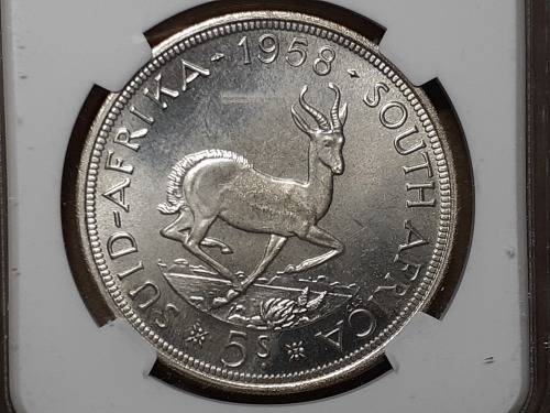 1958 SA UNION SILVER 5 SHILLINGS NGC GRADED PL 65 [POP 3]