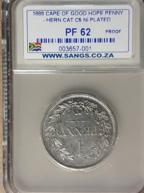 1889 CAPE OF GOOD HOPE PENNY. PATTERN COIN NICKEL PLATED. HERNS CATALOGUE C5. SANGS GRADED PROOF 62