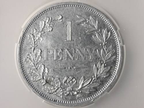 1889 CAPE OF GOOD HOPE PENNY. PATTERN COIN NICKEL PLATED. HERNS CATALOGUE C5. SANGS GRADED PROOF 62