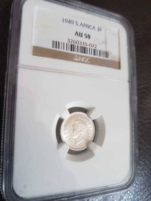1949 SA UNION SILVER THREEPENCE NGC GRADED AU 58
