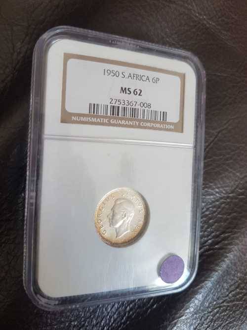 1950 SA UNION SILVER SIXPENCE NGC GRADED MS 62
