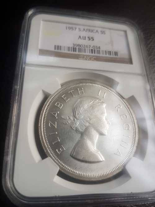 1957 SA UNION SILVER 5 SHILLINGS NGC GRADED AU 55