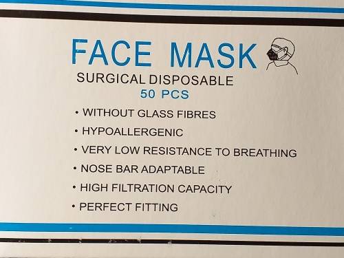 BOX OF 50 SURGICAL DISPOSABLE FACE MASKS WITHOUT GLASS FIBRES [Bid per mask to take 50]