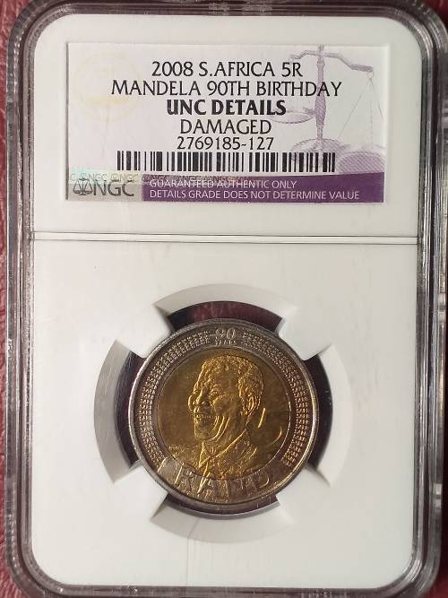 2008 RSA R5 MANDELA 90TH BIRTHDAY NGC GRADED UNC DETAILS