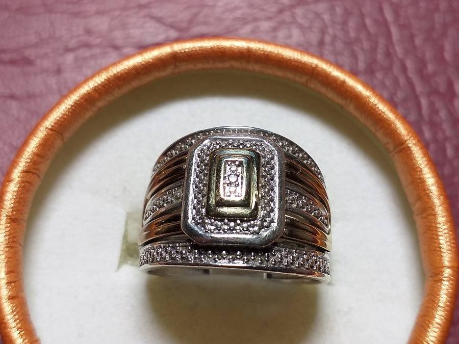 LOVELY GENUINE SOLID STERLING SILVER RING WITH 9 ct GOLD INLAYS