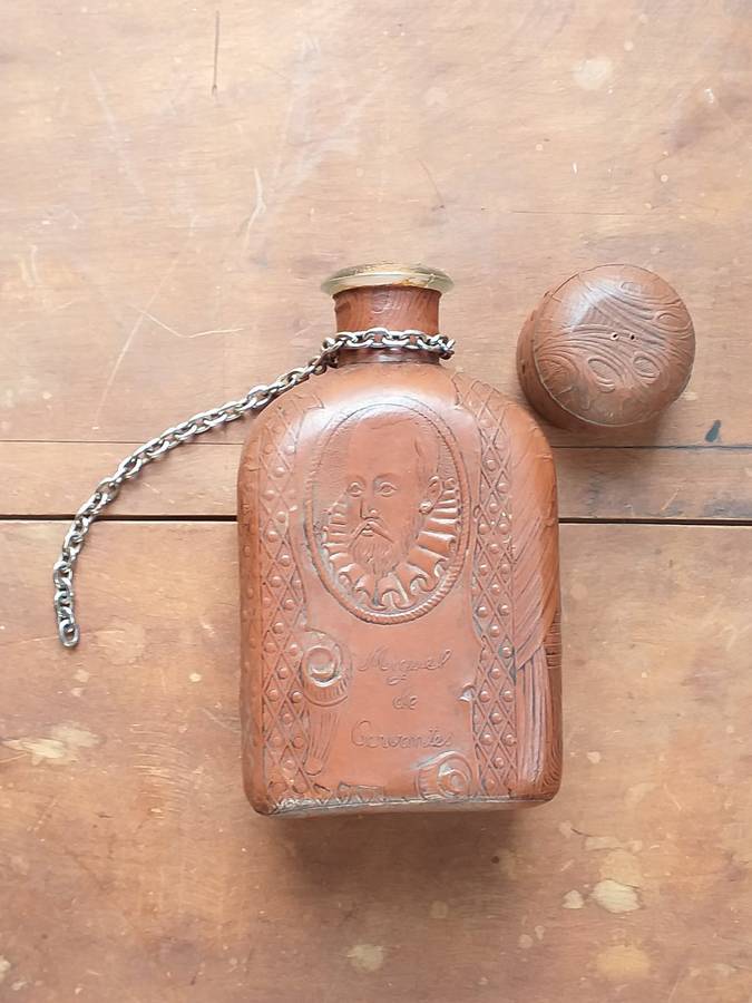 Miguel de Cervantes Leather Wrapped WHISKEY BOTTLE EMPTY Decanter 9" RARE Collectible