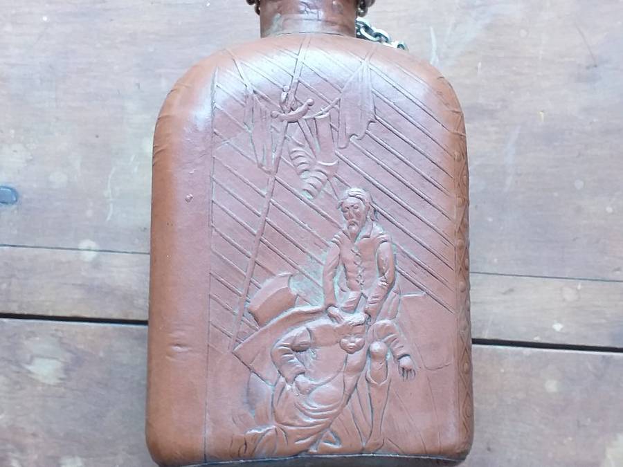 Miguel de Cervantes Leather Wrapped WHISKEY BOTTLE EMPTY Decanter 9" RARE Collectible
