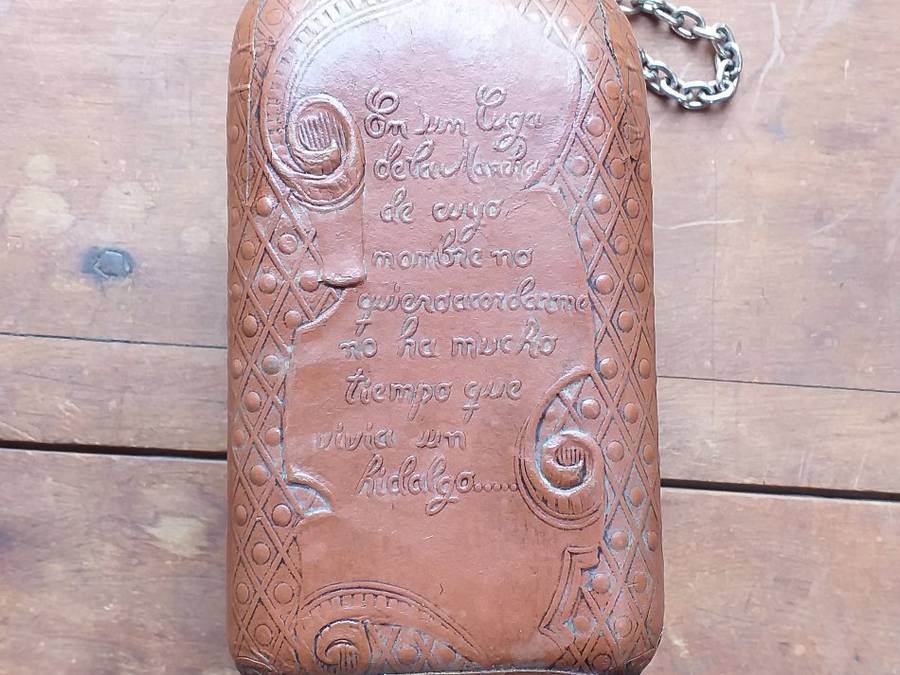 Miguel de Cervantes Leather Wrapped WHISKEY BOTTLE EMPTY Decanter 9" RARE Collectible