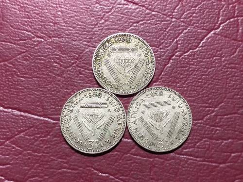 3 x 1958 SA UNION SILVER 3 PENCES - [Bid per coin to take all.]