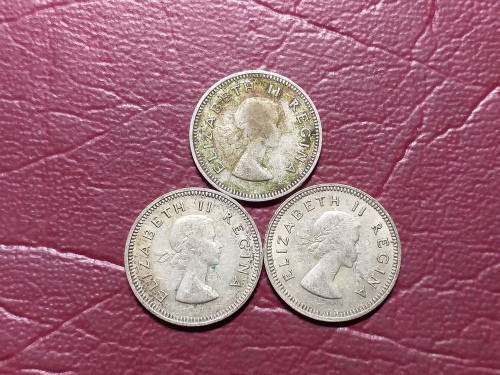 3 x 1958 SA UNION SILVER 3 PENCES - [Bid per coin to take all.]