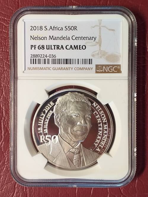 2018 RSA  STERLING SILVER 50 Rand - Nelson Mandela - The Statesman - NGC GRADED PF 68 ULTRA CAMEO