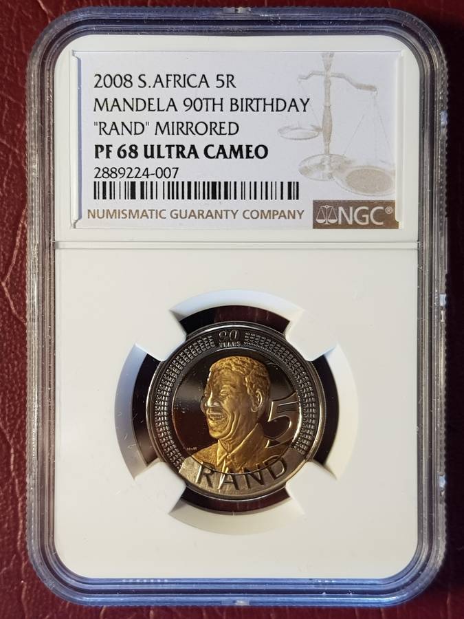 PF 68 ULTRA CAMEO MIRRORED NGC GRADED 2008 RSA R5 - MANDELA 90th BIRTHDAY