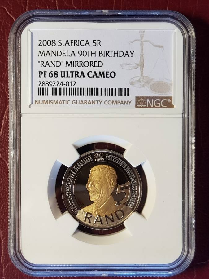 PF 68 ULTRA CAMEO NGC GRADED RSA 2008 R5 MIRRORED - MANDELA 90th BIRTHDAY