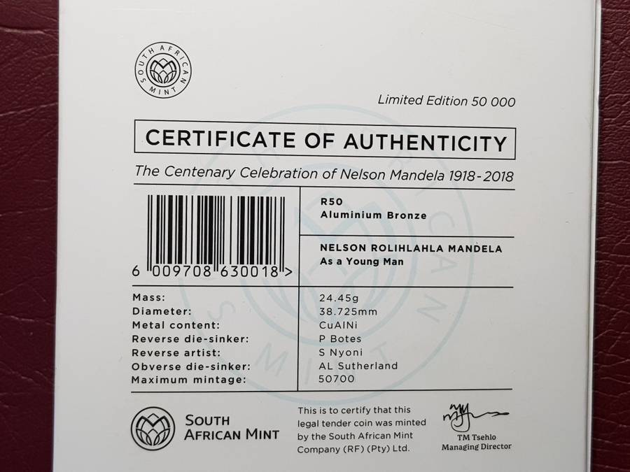 2018 RSA Aluminium Bronze R50 Nelson Mandela - As a young man - WITH COA - CAPSULED