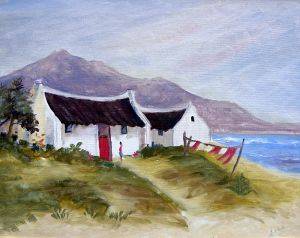 AN ORIGINAL OIL ON BOARD - FISHERMANS COTTAGE BY ERNA