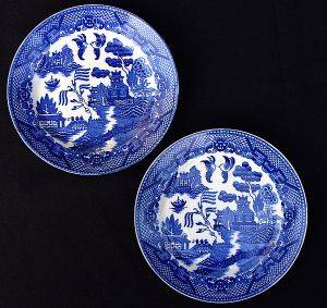 TWO WILLOW PATTERN PLATES - MADE IN OCCUPIED JAPAN