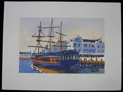 AN ORIGINAL WATERCOLOR ( WATERFRONT ) SIGNED BY THE ARTIST , PETER MILLS