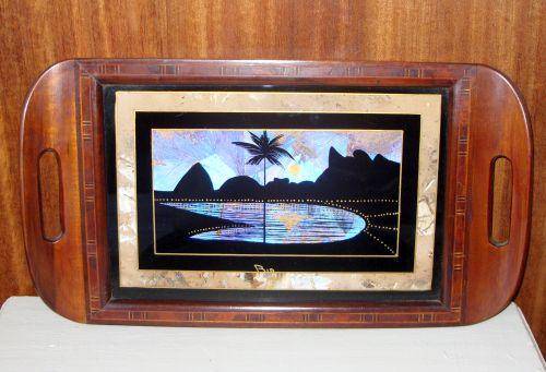 A GORGEOUS ART DECO WOOD AND GLASS TRAY WITH REAL BUTTERFLY WING DETAIL