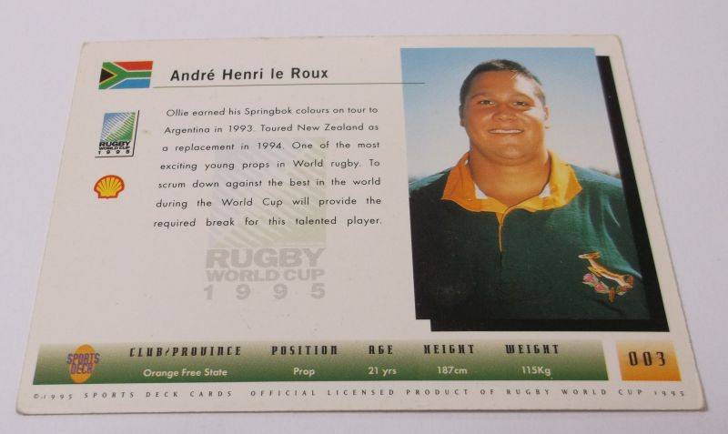 1995 RUGBY WORLD CUP TRADING CARD - SOUTH AFRICA - OLLIE LE ROUX