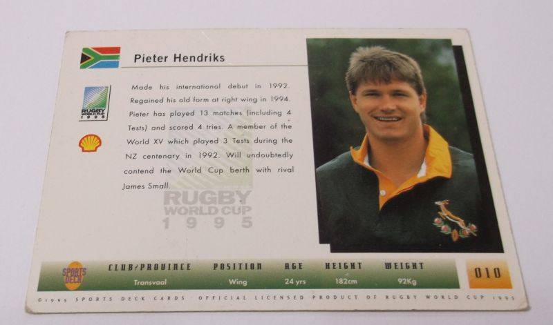 1995 RUGBY WORLD CUP TRADING CARD - SOUTH AFRICA - PIETER HENDRIKS