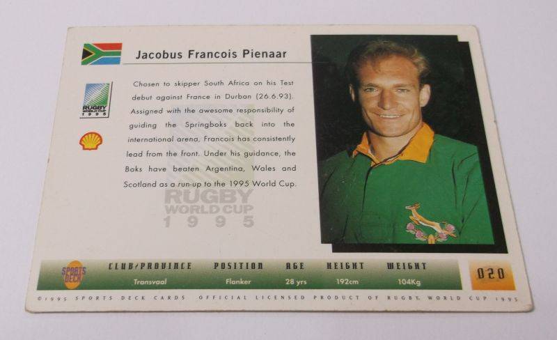 1995 RUGBY WORLD CUP TRADING CARD - SOUTH AFRICA - FRANCOIS PIENAAR