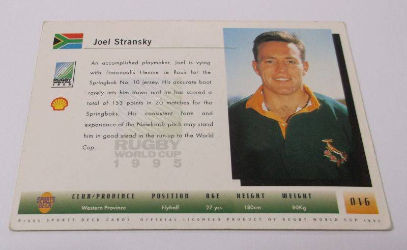 1995 RUGBY WORLD CUP TRADING CARD - SOUTH AFRICA - JOEL STRANSKY