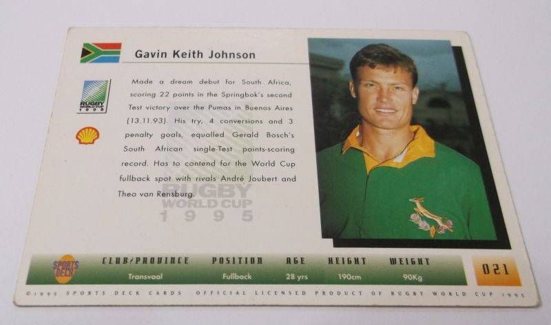 1995 RUGBY WORLD CUP TRADING CARD - SOUTH AFRICA - GAVIN JOHNSON