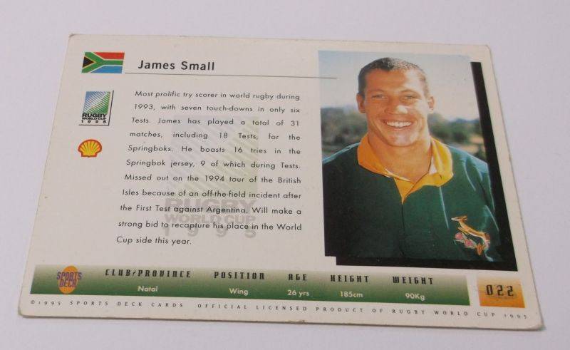 1995 RUGBY WORLD CUP TRADING CARD - SOUTH AFRICA - JAMES SMALL