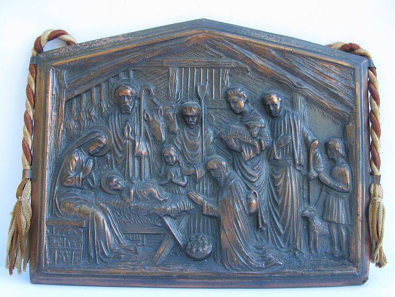 AN EYE CATCHING SOLID METAL SIGNED PLAQUE DEPICTING THE BIRTH OF CHRIST MADE IN BELGIUM ...SWEET !!