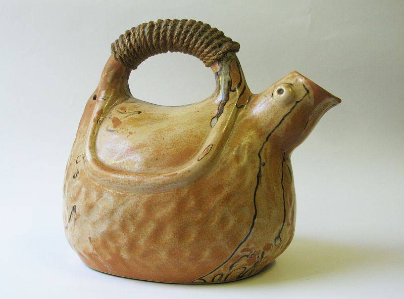 WHAT A FIND !! AN UNUSUAL CHARACTER SHAPED SIGNED POTTERY TEAPOT""ORIENTAL LOOKING SIGNATURE""SEE...