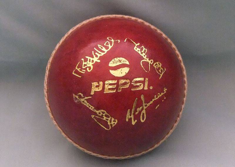 A COOL STANDARD SIZE CRICKET BALL WITH PEPSI ADVERTISING AND SIGNATURES - EXCELLENT CONDITION