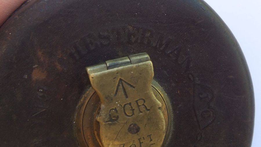 BRILLIANT RARE FIND !! A WORLD WAR ERA MILITARY ISSUED MEASURING TAPE !! LEATHER AND BRASS !! COOL