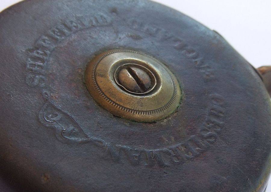 BRILLIANT RARE FIND !! A WORLD WAR ERA MILITARY ISSUED MEASURING TAPE !! LEATHER AND BRASS !! COOL