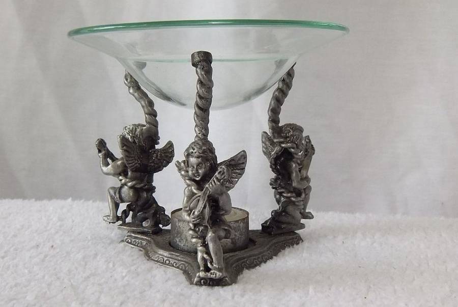 MUST SEE !! A VERY CHARMING PEWTER TYPE METAL TEE LITE HOLDER INCENSE BURNER WITH ANGEL MOTIFS !!