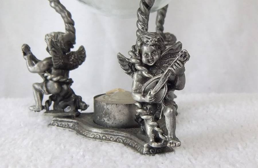 MUST SEE !! A VERY CHARMING PEWTER TYPE METAL TEE LITE HOLDER INCENSE BURNER WITH ANGEL MOTIFS !!
