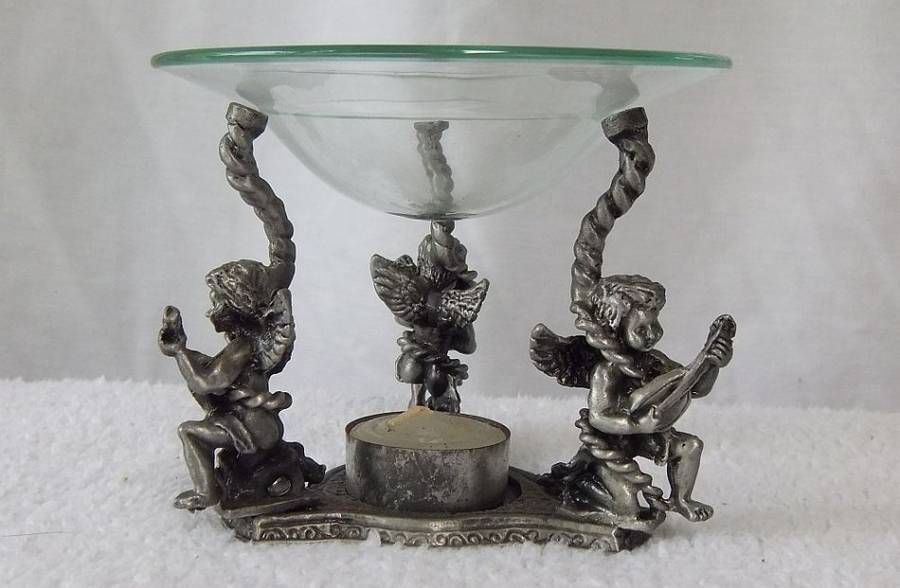 MUST SEE !! A VERY CHARMING PEWTER TYPE METAL TEE LITE HOLDER INCENSE BURNER WITH ANGEL MOTIFS !!